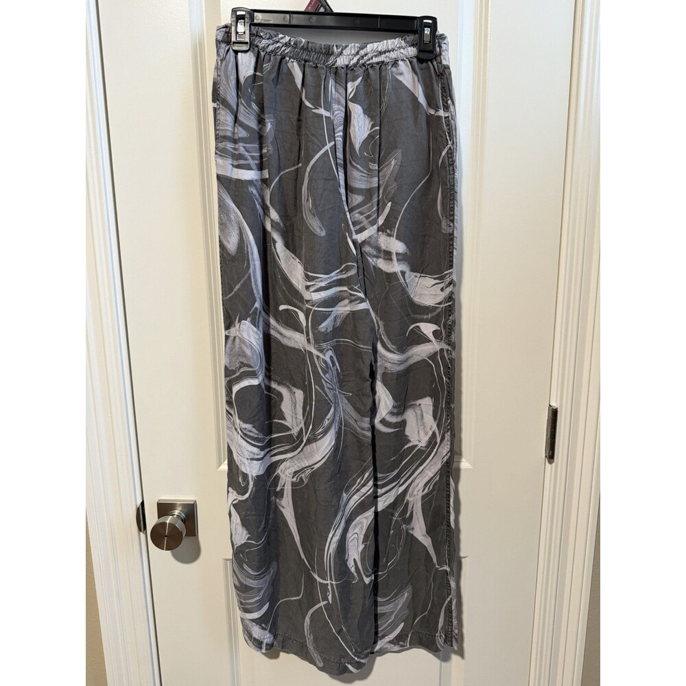 Athleta Calm Cool Pants Small Marble Abstract Black Cupro Wide Leg Lounge Travel